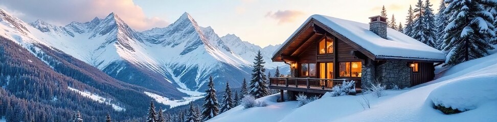 Fototapeta premium Cozy mountain chalet nestled amidst snow-capped peaks, offering breathtaking views and a tranquil escape Perfect for winter getaways and alpine adventures , architecture, design, alps