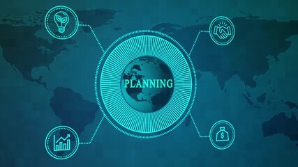 Futuristic world map with digital interfaces and bright icons representing business, innovation, finance and global connectivity, creating a modern and technological environment. - Powered by Adobe