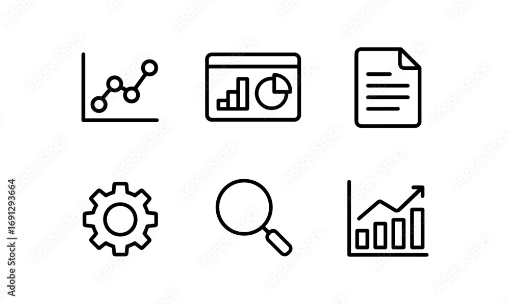 Poster minimalist linear icons of data analytics and office tools
