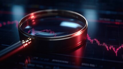 Cyberpunk scene of a magnifying glass highlighting a glowing financial chart, symbolizing futuristic data analysis and investment insight.