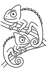 Obraz premium Delightful Chameleons Coloring Page: Two Charming Reptiles Perched on Branches, a Fun & Educational Line Art Illustration Perfect for Kids, Toddlers, and Adults Seeking Relaxation, Animal-Themed Art, 