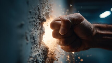 A powerful fist breaks through a plaster wall, releasing dust and debris. Ideal for themes of strength, determination, and raw power.
