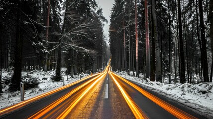 Long Exposure Light Trails on Snowy Forest Road in Winter