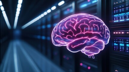 Glowing human brain seamlessly integrated with a high-tech server room, representing AI consciousness and digital innovation in a futuristic setting.