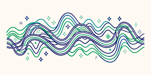 Abstract wavy lines pattern in green and blue with star shapes scattered across a cream colored background
