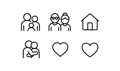 Minimalist family and home icons with heart symbols in linear design