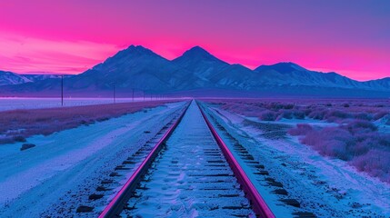 Long Train Tracks in Snowy Desert Landscape Under Vibrant Pink and Purple Sunset Sky