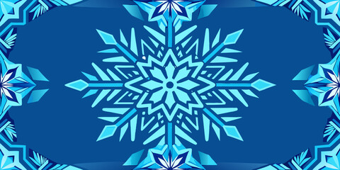 A symmetrical snowflake design with a blue background and decorative snowflake border elements around edges