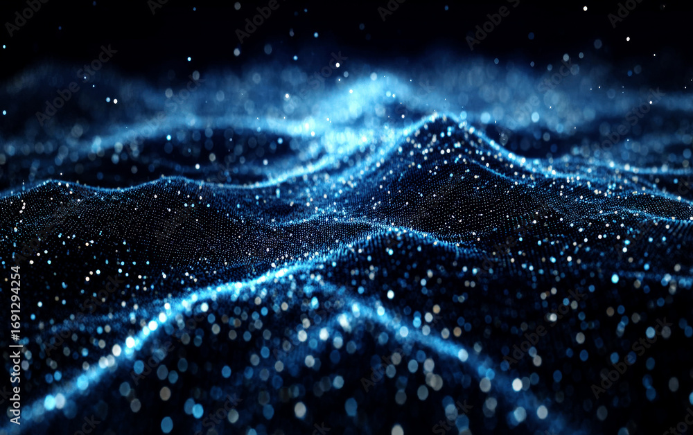 Poster Dynamic Blue Particles Creating Flowing Wave Patterns