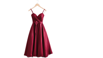 Burgundy evening dress with bow on hanger isolated on transparent background