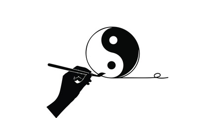 Artist's hand drawing the Yin Yang symbol with a brush, representing balance and harmony