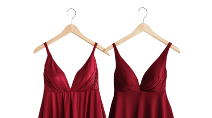 Two burgundy evening dresses on hangers isolated on transparent background