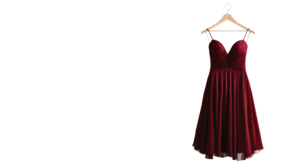 Burgundy midi evening dress on wooden hanger isolated on transparent background