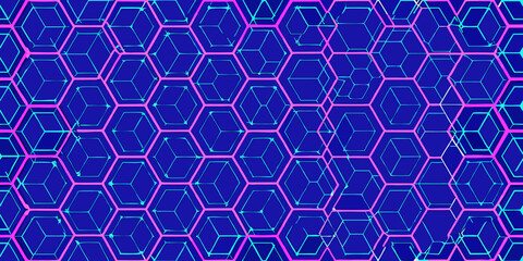 Obraz premium Hexagonal grid pattern with cube outlines in blue and pink creating a geometric background design