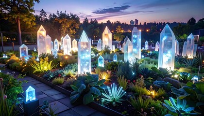 Illuminated crystal structures in a landscaped garden at twilight