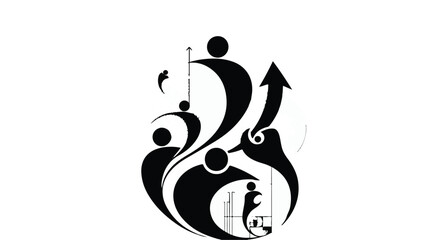 Abstract representation of teamwork and upward growth with stylized figures and an ascending arrow