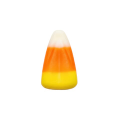 A single piece of candy corn with white, orange, and yellow stripes.