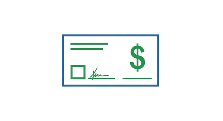 Stylized illustration of a blank check with a dollar sign, representing financial transactions on an isolated transparent background