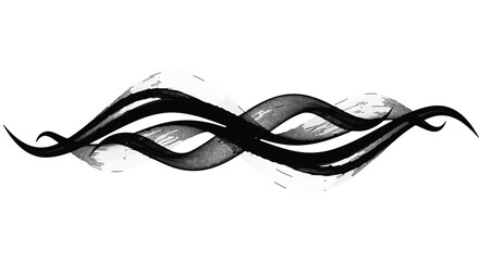 Elegant black ink brush strokes create a flowing, abstract wave design