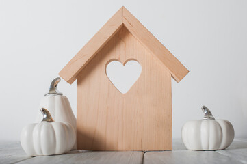 Minimalist Wooden House and White Pumpkins Autumn Home Decor