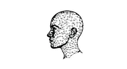 Abstract geometric human head profile with connected dots and lines representing digital network or neural connections