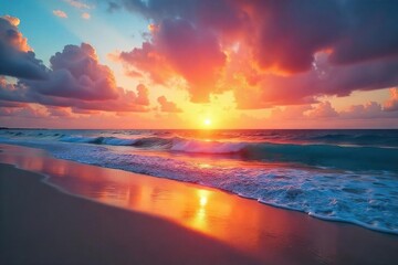 Serene sunset over a tranquil beach, golden hour light paints the sky with vibrant hues reflecting on calm ocean waves , serene, twilight