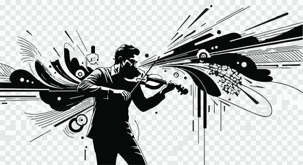 Musician passionately plays violin amidst abstract burst of sound and energy