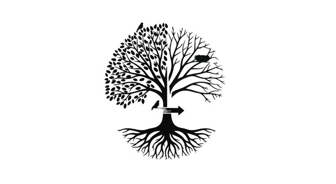 A conceptual tree featuring contrasting summer and winter seasons on either side is isolated on a solid white background, ideal for environmental campaigns or climate change projects.