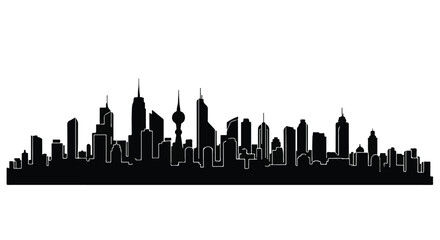 Modern city skyline silhouette at dusk, showcasing towering skyscrapers and urban architecture.