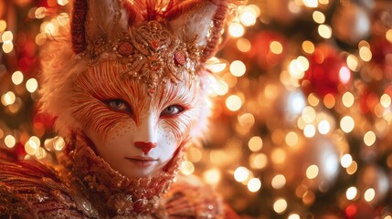 Person in ornate fox mask with golden details against festive lights.