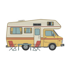 Vintage Recreational Vehicle Illustration with Outdoor Chairs and Table Ready for Camping Adventures and Road Trips Ideal for Vacation Lifestyle