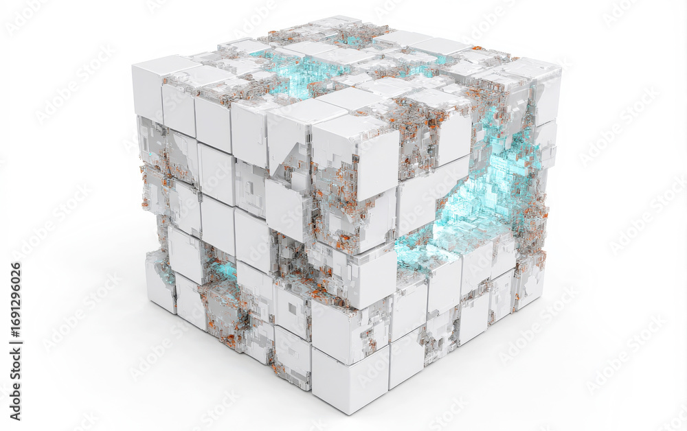 Poster abstract 3d cube structure with white and blue elements