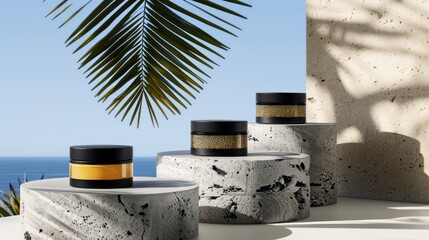 Minimalist Skincare Jars on Marble Stands with Palm Leaf Shadow and Ocean View Background
