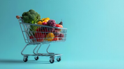Shopping cart filled with fresh vegetables and fruits on turquoise.