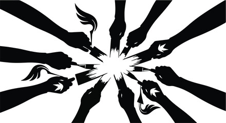 Diverse hands holding paintbrushes creating a bright light burst together