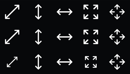 Large big screen display icon set. Compact, scalability, arrow mark, full screen, display screen size inch, Minimize and maximize, small and big display lcd line icons vector isolated illustration.