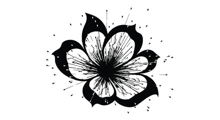 Elegant black and white ink flower illustration with delicate scattered dots.