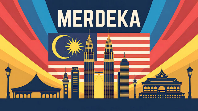 Merdeka celebration with Malaysian flag and Kuala Lumpur skyline illustration image