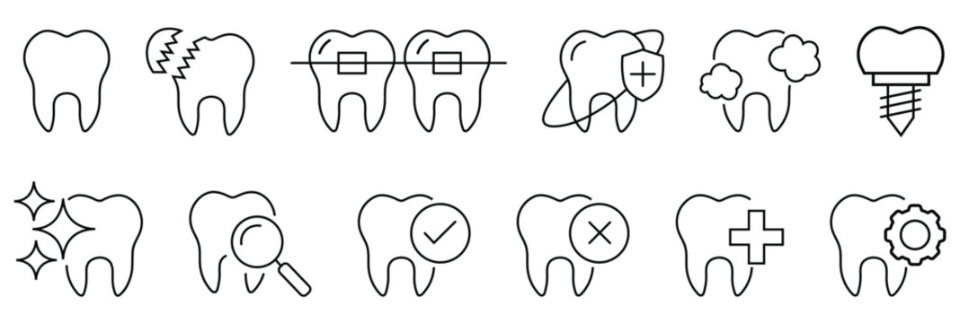 Tooth care line icon set. Dental implant, dental care, orthodontic protection, prevention check up, stomatology, toothache, braces, oral clean. Whitening procedure. Dental treatment sign.