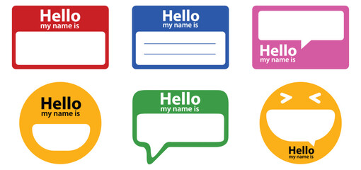 Collection of six colorful blank name tag stickers with the word hello printed on them for introductions © Icon Legend 