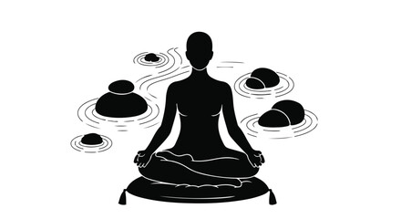 Serene silhouette of a person meditating in a tranquil zen garden setting.