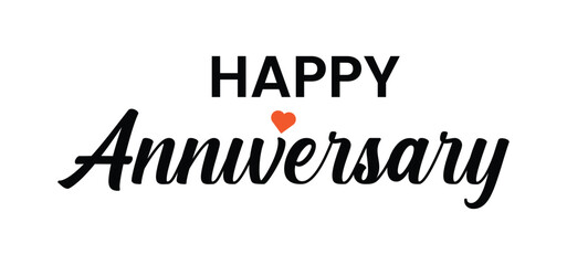 Happy anniversary elegant script font with a small orange heart illustration on a white background