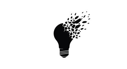 Black silhouette of a lightbulb fragmenting, symbolizing a lost or fading idea.