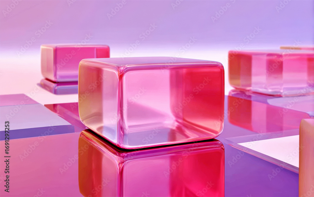 Poster transparent pink cubic objects with reflective surfaces