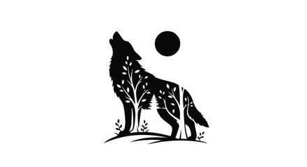 Majestic wolf silhouette howling at the full moon, with a forest growing within its form.