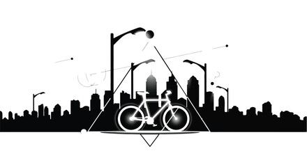 Urban cycling silhouette against a city skyline with modern streetlights.