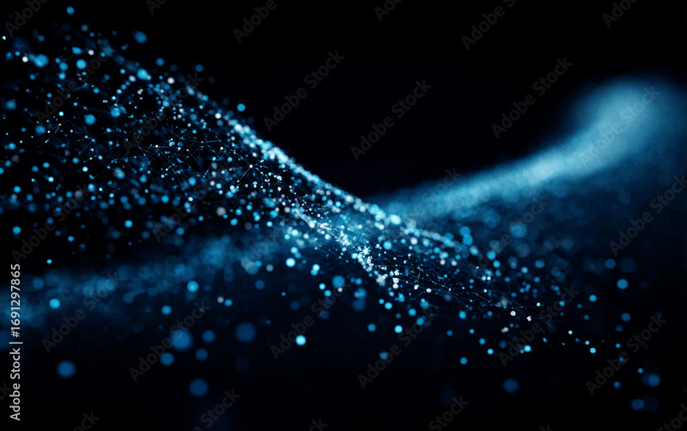 Poster abstract blue glowing particles forming a dynamic wave pattern