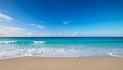 Fototapeta premium Bright And Serene Beach Scene With Clear Blue Sky And Ocean Waves