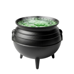 A black cauldron filled with bubbling green liquid, possibly a potion or brew.