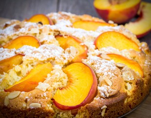 Peach cake with powdered sugar and sliced peaches